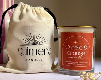 Artisanal bougie in soy sauce Orange & cannelle – Mèche en bois – 210 g – Avec son pochon en coton