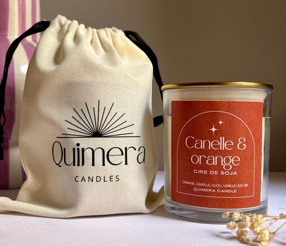 Bougie artisanale en cire de soja Orange & cannelle – Mèche en bois – 210 g – Avec son pochon en coton