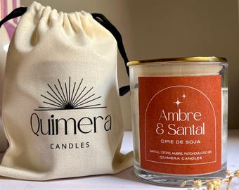 Artisanal bougie in soy sauce Ambre & Santal – Mèche en bois – 210 g – Avec son pochon en coton