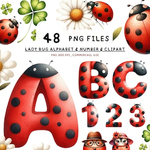 48 Ladybug Alphabet Clipart , Ladybug number, Ladybug clipart png, love bug letters clipart, ladybug font png, Birthday, Kid, Tshirt, Bundle