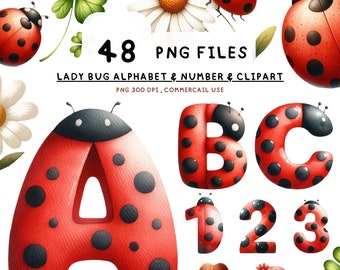 48 Ladybug Alphabet Clipart , Ladybug number, Ladybug clipart png, love bug letters clipart, ladybug font png, Birthday, Kid, Tshirt, Bundle