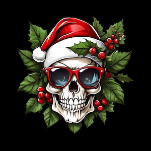 Weihnachten Schädel Weihnachtsmann, Schädel mit Weihnachtsmütze, Clipart PNG Digital, Design für Siebdruck, Sublimation, T-Shirt, Tasse, Weihnachtsgeschenke