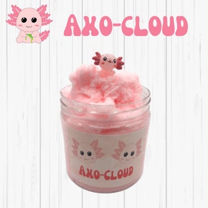 May include: Pink fluffy slime in a clear jar with a pink axolotl charm on top. The jar has a white label with the text "AXO-CLOUD".