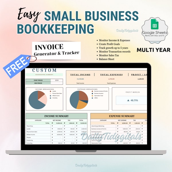 Bookkeeping Small Business tracker spreadsheet | Sales Income Expense Profit Tax Taxes invoice template budget spreadsheet profit loss