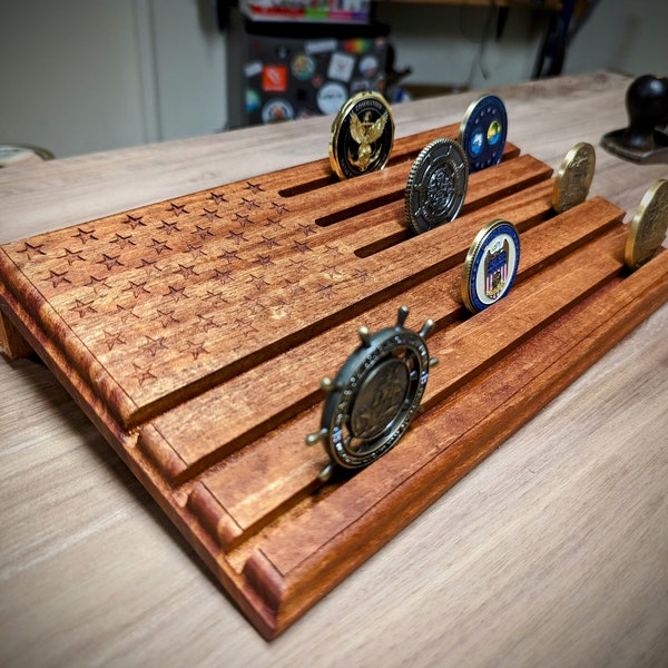 American Flag Challenge Coin Holder, Veteran made Coin Display, Military Challenge Coin Display, Solid Hardwood