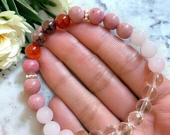 Natuursteen 8mm kralen armband, Rose en Clear Quartz granaat armband, geluksangst meditatie spirituele armband, verstelbare armband