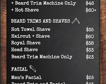May include: Blackboard with a white price list for haircuts, beard trims, shaves, and facials. The prices are listed in US dollars. The business name is "Barbershop Gentleman" and includes a logo of a man with a mustache and scissors.
