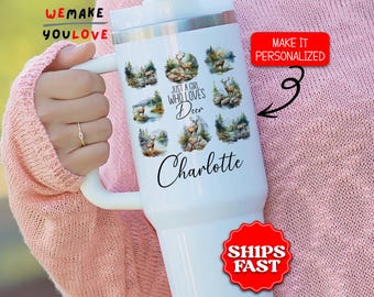 Personalized Deer Tumbler, Custom Just A Girl Who Loves Deer 40oz Tumbler with handle, Gift for Deer Lover, Wildlife Travel Mug, Deer Cup