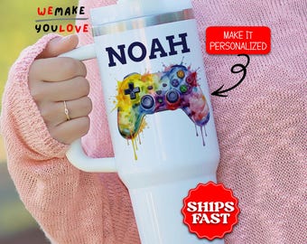 Personalized Gamer Tumbler, Custom Video Game Controller 40oz Tumbler With Handle, Gift for Son, Gamer Travel Mug, Boys Cup, Gaming Gift