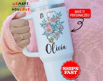 Personalized Nurse Tumbler, Custom Floral Stethoscope 40oz Tumbler, Gift for Nurse Practitioner, Registered Nurse Travel Mug Cup, Nursing