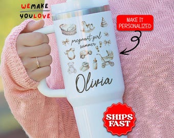 Personalized Pregnant Girl Tumbler, Custom Baby Shower 40oz Tumbler with Handle, Gift for Expecting Mom, New Mom Travel Mug, Baby Girl Cup