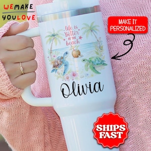 Personalized Turtle Lover Tumbler, Custom Sea Turtle Beach 40oz Tumbler, Gift for Ocean Animal Lover, Turtle Mom Travel Mug Cup, Beach