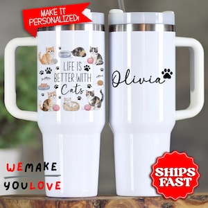 Personalized Cat Lover Tumbler, Custom Cute Cats 40oz Tumbler with handle, Gift for Cat Mom, Cat Lady Travel Mug Cup, Kitten Owner Gift