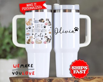 Personalized Cat Lover Tumbler, Custom Cute Cats 40oz Tumbler with handle, Gift for Cat Mom, Cat Lady Travel Mug Cup, Kitten Owner Gift