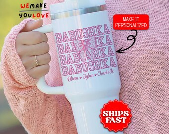 Babushka Tumbler, Personalized 40oz Tumbler with Handle, Floral Grandma Gift, Grandparent Appreciation Cup