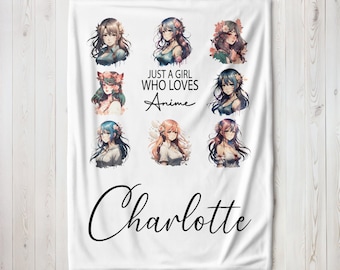 Manta de anime personalizada, nombre personalizado, "Just A Girl Who Loves Anime Lover", regalo para hijas y niños, manta de manga kawaii otaku
