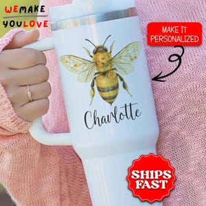 Personalized Bee Tumbler, Custom Honeycomb Design 40oz Tumbler with Handle, Bee Keeper Gift, Bee Lover Travel Mug, Honey Bee Cup, Nature