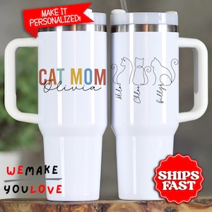 Personalized Cat Mom Tumbler, Custom Cat Lover Mama 40oz Tumbler with handle, Gift for Pet Mom Crazy Cat Lady Travel Mug Cup, Cat Lover Gift