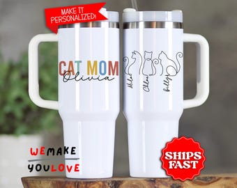 Personalized Cat Mom Tumbler, Custom Cat Lover Mama 40oz Tumbler with handle, Gift for Pet Mom Crazy Cat Lady Travel Mug Cup, Cat Lover Gift