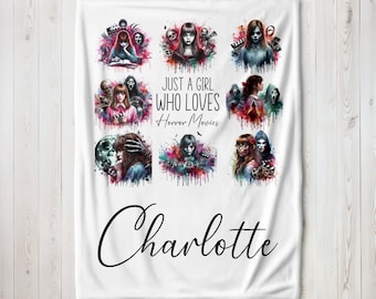 Personalized Horror Movies Blanket Custom Name Just A Girl Who Loves Scary Films Lover Gift For Daughter Kids Spooky Cozy Warm Throw Blanket