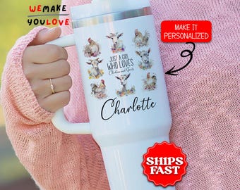 Personalized Farmer Tumbler, Custom Just A Girl Who Loves Chickens and Goats 40oz Tumbler with handle, Gift for Farm Girl, Chicken Lover