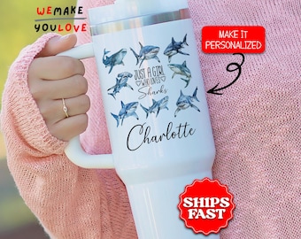 Personalized Shark Tumbler, Custom Just A Girl Who Loves Sharks 40oz Tumbler with handle, Gift for Shark Lover, Shark Travel Mug, Shark Cup