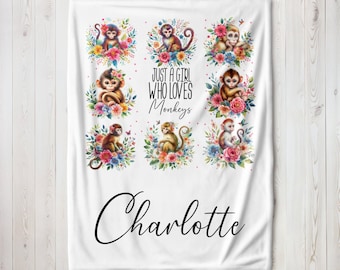 Manta de mono personalizada, nombre personalizado, "Just A Girl Who Loves Monkey Lover", regalo para hijas y niños, acogedora manta con temática de animales y flores.