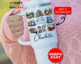 Personalized Camping Tumbler, Custom Just A Girl Who Loves Camping 40oz Tumbler with handle, Gift for Camper, Camper Travel Mug, Camping Cup