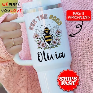 Personalized Bee Lover Tumbler, Custom Honey Bee Design 40oz Tumbler with Handle, Gift for Beekeeper, Bee Keeper Travel Mug, Insect Cup