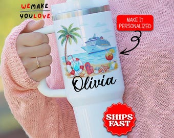 Personalized Cruise Lover Tumbler, Custom Vacation Beach 40oz Tumbler, Gift for Cruise Vacationer, Summer Beach Travel Mug Cup, Tropical