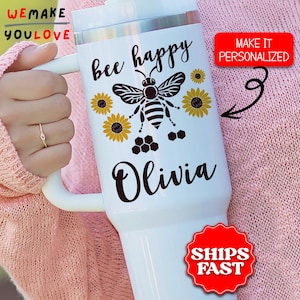 Personalized Bee Lover Tumbler, Custom Floral Honeycomb 40oz Tumbler with Handle, Sunflower Bee Keeper Travel Mug, Bee Keeper Cup, Bee Happy