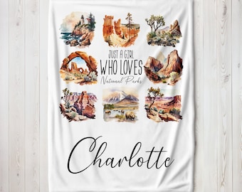 Gepersonaliseerde deken nationale parken, aangepaste naam Just A Girl Who Loves National Parks Lover Cadeau voor dochter Kinderen fleece deken