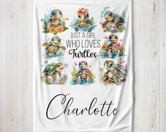Personalized Turtle Blanket, Custom Name Just A Girl Who Loves Turtle Lover Gift For Daughter Kids Fleece Throw Blanket Stylish Cozy Gift