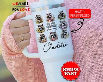 Personalized Raccoon Tumbler, Custom Just A Girl Who Loves Raccoons 40oz Tumbler with handle, Gift for Raccoon Lover, Animal Travel Mug