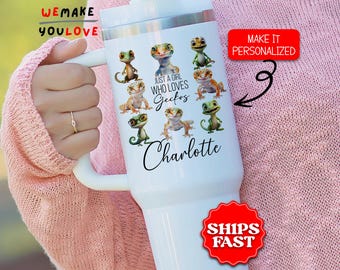 Personalized Gecko Tumbler, Custom Just A Girl Who Loves Geckos 40oz Tumbler with handle, Gift for Reptile Lover, Reptile Travel Mug, Gecko