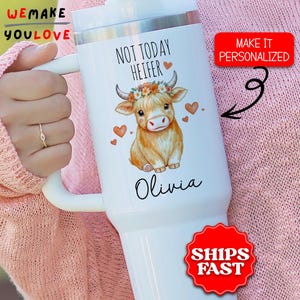 Personalized Heifer Tumbler, Custom Highland Cow Floral 40oz Tumbler, Gift for Cow Lover, Farm Animal Travel Mug Cup, Cowgirl Gift