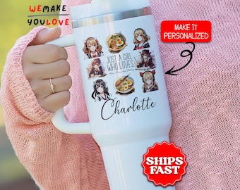 Personalized Anime Tumbler, Custom Just A Girl Who Loves Anime 40oz Tumbler with handle, Gift for Anime Lover, Manga Travel Mug, Cartoon Cup