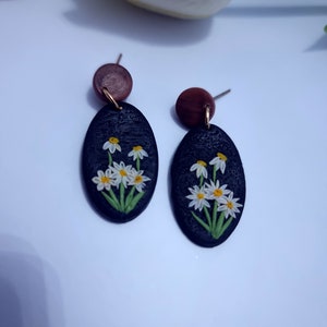 Black with white Floral polymer clay Earrings