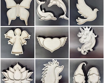 Wooden mosaic mold: dolphins, butterfly, heart, dove, gnomes, hedgehog, angel, unicorn.