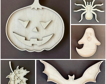 Halloween Plywood Mosaic Mold - pumpkin, ghost, bat, spider, leaf, casper.