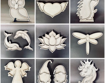 Wooden Mosaic Bases, Owl, Heart, Hedgehog, Dragonfly, Lotus Shapes