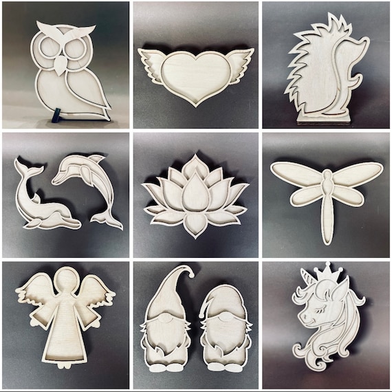 Wooden Mosaic Bases, Owl, Heart, Hedgehog, Dragonfly, Lotus Shapes