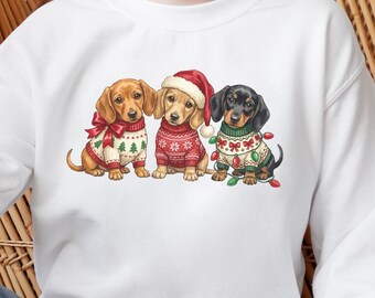 Christmas Dachshund Sweatshirt, Retro Holiday Dog Sweater, Cute Winter Puppy Sweatshirt, Festive Animal Lover Gift