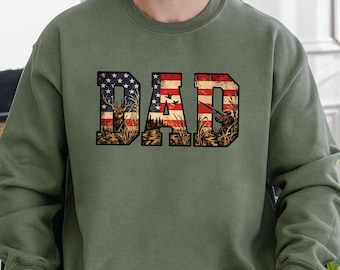 Patriotic Hunting Dad Sweatshirt, Camo American Flag Graphic, Hunter Father Gift, Outdoorsman Deer Hunting Sweatshirt