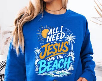 All I Need Is Jesus And The Beach Sweatshirt, Retro Christian Summer Sweatshirt, Faith Based Sunset Graphic Sweatshirt Gift