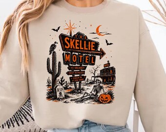 Skeleton Motel Sweatshirt, Vintage Halloween Graphic, Retro Spooky Season Sweater