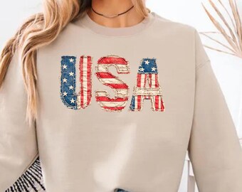 Retro USA Patchwork Sweatshirt, Patriotic 4th of July Sweater, Vintage American Flag Sweatshirt, Independence Day Gift Sweater