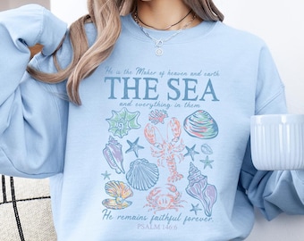Heaven and Sea Sweatshirt, Retro Christian Faith Sweater, Coastal Bible Inspired Ocean Lover