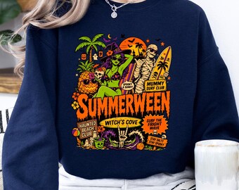 Beach Halloween Sweatshirt, Retro Surf Monster Sweater, Spooky Coastal Graphic Sweater, Vintage Summer Horror Gift Sweater