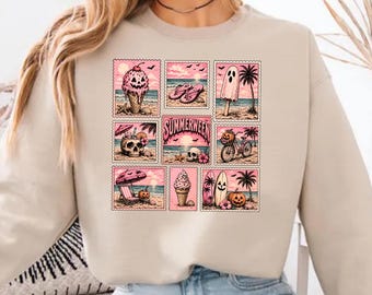 Coastal Pumpkin Sweatshirt, Pink Ghost Beach Sweater, Retro Halloween Vacation Sweater, Vintage Spooky Sweater